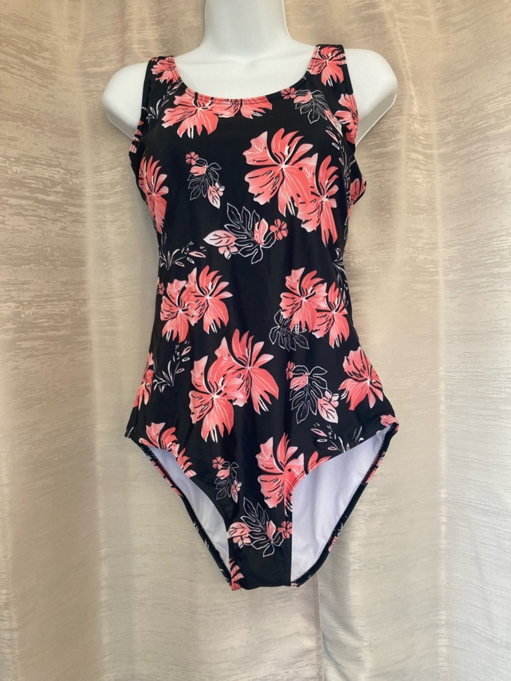 Black n Coral One-Piece Floral Swimsuit - Coral Pink Flowers XL NWOT